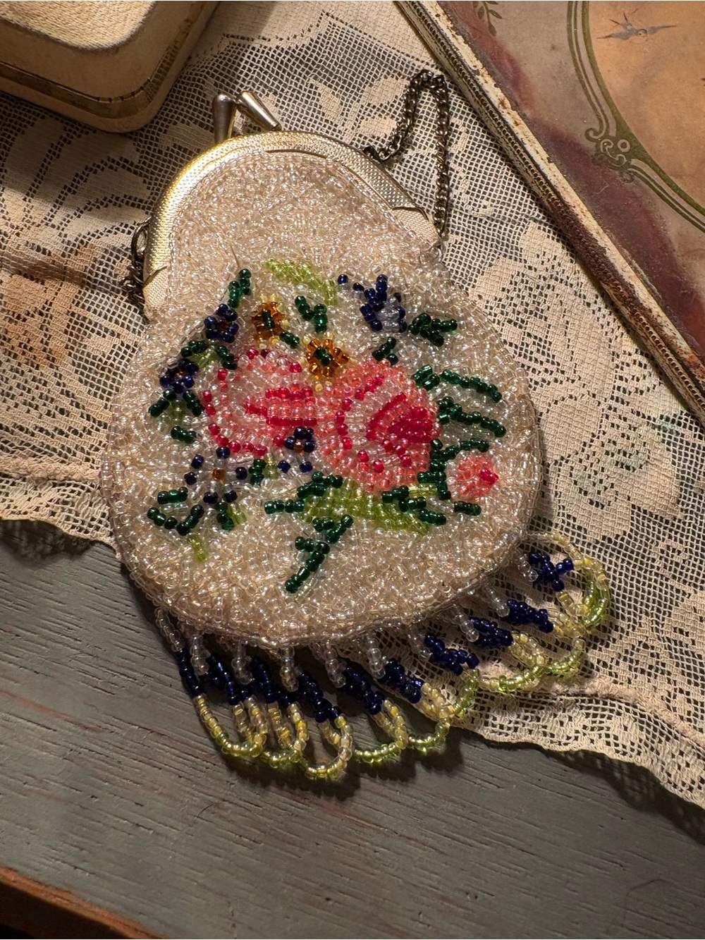 Beaded Floral Evening Bag - Pink Rose Motif